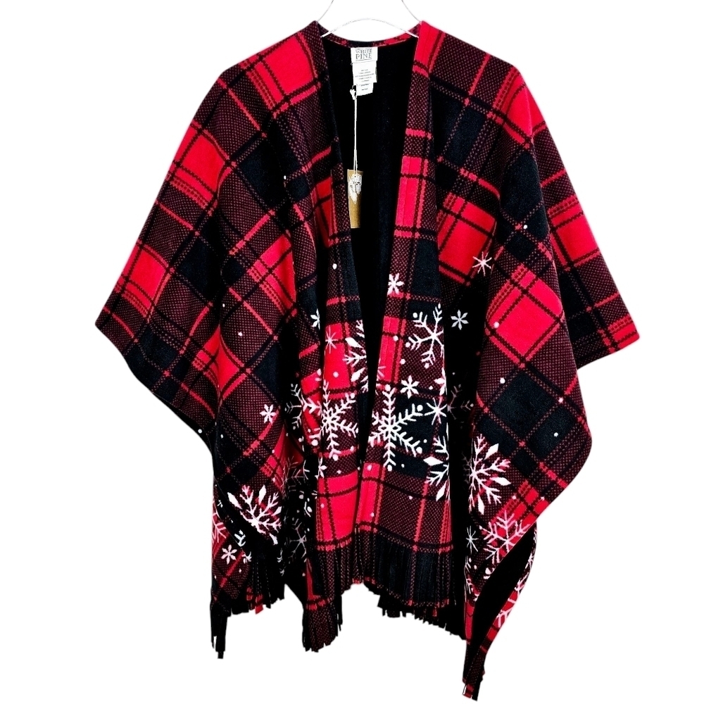 White Pines Red Plaid Buffalo Check Snowflake Fringe Fleece Poncho NWT